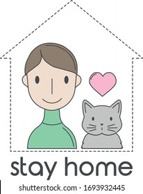 Icono de línea plana vectorial persona sonriente en pantalones verde y gato gris con el corazón rosado encima, se queda en casa