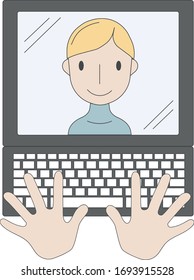 Vector flat line colored cartoon icon computer with video conference and hands on keyboard