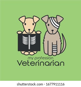 Vector flat line colored icon brown puppy dog in veterinary bandage and puppy with picture of skeleton on green background, text veterinarian is my profession