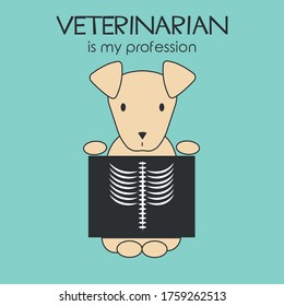 Vector flat line colored icon of cartoon dog with veterinarian roentgen, on blue background