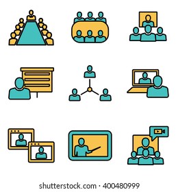 Vector flat line conference icons set. Business communication.