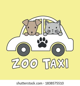 Vector flat line dog and cat in white car. Veterinary clinic or zoo taxi concept, isolated on yellow background