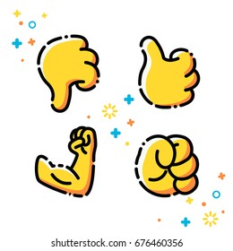 Vector Flat Line Emoji Icons Set. Hands Emoticons. On Following Themes As The Strong Arm, The Fist, The Thumb Up, The Thumb Down.