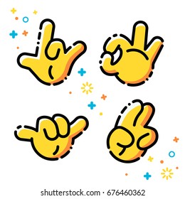 Vector Flat Line Emoji Icons Set. Hands Emoticon. On The Following Topics - It's Rock, Okay, Smoke, Peace