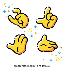 Vector flat line emoji icons set. Hands emoticons. On the following topics - a little bit, loser, hello, give five