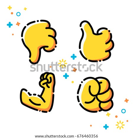Vector flat line emoji icons set. Hands emoticons. On following themes as the strong arm, the fist, the thumb up, the thumb down.