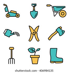 Vector flat line gardening icons set.