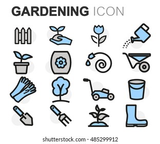 Vector flat line gardening icons set on white background