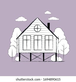 Vector flat line hand drawn country house among trees and clouds on purple background