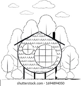 Vector flat line hand drawn round country house among trees and clouds isolated on white background