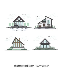Vector flat line house collection with trees, clouds, birds. 
