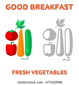 Vector flat and line icon fresh vegetables. Fresh and healthy breakfast, diet food. Web design, web icon, food menu. Isolated on a white background