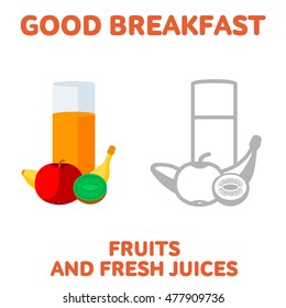 Vector flat and line icon fruits and fresh juices. Fresh and healthy breakfast, diet food. Web design, web icon, food menu. Isolated on a white background