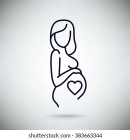 Vector flat line icon on pregnancy. Beautiful abstract prenatal pregnant woman linear symbol. Fertility, gynecology, obstetrics and childbirth pictogram isolated