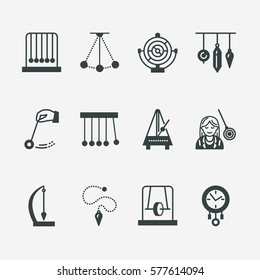 Vector flat line icon of pendulum types. Newton cradle, metronome, table pendulum, perpetuum mobile, gyroscope. Linear pictogram editable stroke for site, brochure of hypnosis, hypnotherapy