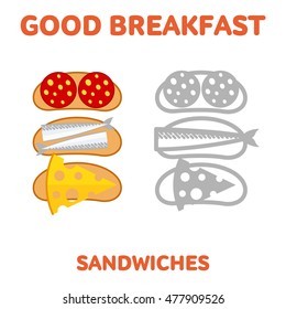 Vector flat and line icon sandwiches. Fresh and healthy breakfast. Vector flat  Illustration. Web graphics, banners, advertisements, , business templates Isolated on a white background.