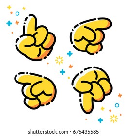 Vector flat line icons pack. Hands emoticons.The hands emoji points to the right, left, up and down