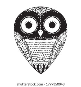 Vector flat line illustration, black and white little cute owl, hand drawn doodle design. Print for child shirt, isolated on white background