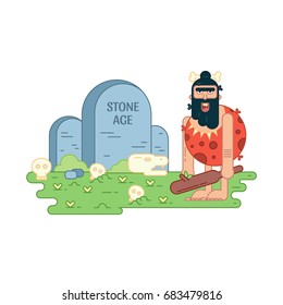 Vector flat line illustration. Caveman with stone age sign isolated on white background. 