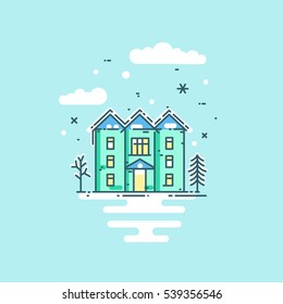 Vector flat line illustration with house, trees, clouds and snow.
