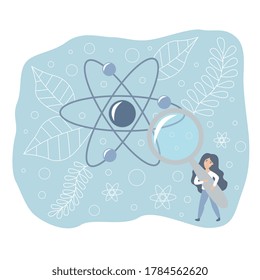 Vector flat line illustration, little girl with big magnifier, exploring atom with corpuscles. Physics school classes and science concept, isolated on white background