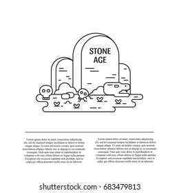 Vector flat line illustration stone age sign with rock and scull  isolated on white background. Place for your text.