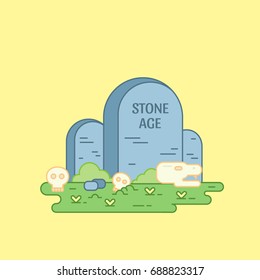 Vector flat line illustration stone age sign with stone and scull  isolated on white background. 
