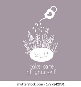 Vector flat line isolated emoticon icon with leaves, watering can and supportive text on mental health theme, to take care of yourself, on purple background