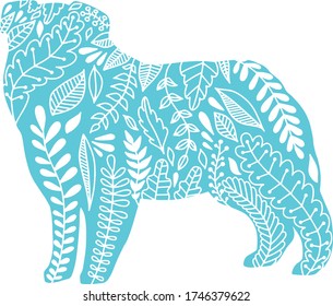 Vector flat line isolated hand drawn silhouette of standing Australian shepherd dog with herbs and leaves ornament on white background