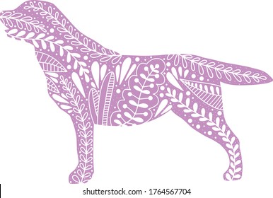 Vector flat line isolated hand drawn silhouette of Labrador retriever dog with herbs and leaves ornament on white background