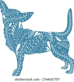Vector flat line isolated hand drawn silhouette of chihuahua dog with herbs and leaves ornament on white background