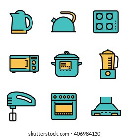 Vector flat line kitchen and cooking icons set.