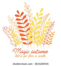 Vector flat line leaves, text magic autumn. Colorful card or print for shirt concept, isolated on white background