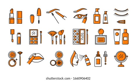Vector flat line makeup icons set with stereo effect. Lipstick, powder, brow pencil, eyeliner cosmetics elements.