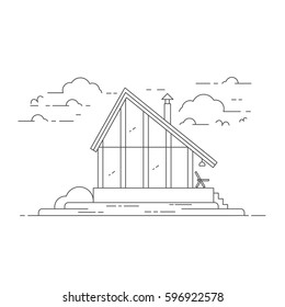 Vector flat line modern family house illustration with trees, clouds, birds. 