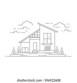 Vector flat line modern family house illustration with trees, clouds. 