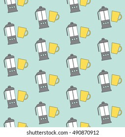 Vector flat line pattern with teapots and cups on the blue background. Vector illustration 