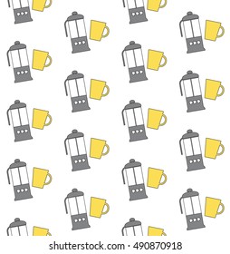 Vector flat line pattern with teapots and cups on the white background. Vector illustration 