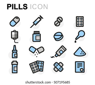 Vector flat line pills icons set on white background