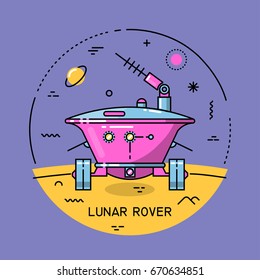 Vector flat line round colorful cosmic illustration. Lunar rover on the Moon. For poster, website, manual.