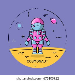 Vector flat line round colorful cosmic illustration. Cosmonaut on the Moon. For poster, website, manual.
