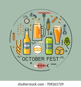 Vector flat line round illustration for beer festival on turquoise background. Bottles and glasses of beer, accessories and snacks.