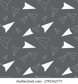 Vector flat line seamless pattern, paper airplanes, school or travel concept