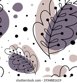 Vector flat line seamless pattern. Hand drawn branch, linear leaves, colour spots, isolated on white background