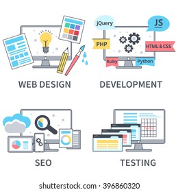 Vector flat line set of concept web development elements. Stages of web development. Icons for web design, application development, web programming, seo, testing. 