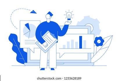 Vector flat line style business and finance  design concept with big modern people, man  holding idea light bulb. Trendy brainstorming  illustration with cogs, graphs, diagrams, paper plane, leaves.
