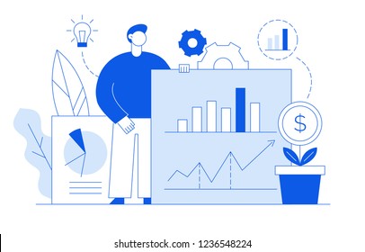 Vector flat line style business and finance  design concept with big modern person  holding financial graphs.Trendy investment and stock  illustration with diagrams, light bulb,money plant and leaves.