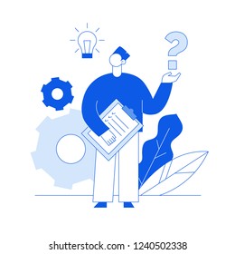 Vetor estilo linha plana negócio trabalho em equipe e conceito de design de ideias com grande pessoa moderna, lâmpada, sinal de pergunta. Na moda brainstorming ilustração com homem, engrenagens, folhas.