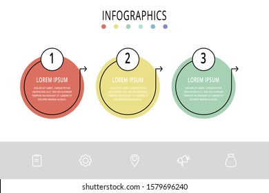 Vector flat line template circle infographics. Business concept with 3 options and arrows. Three steps for content, flowchart, timeline, levels