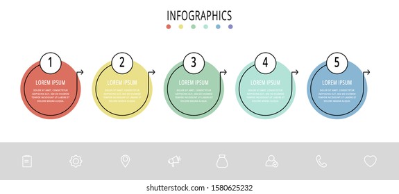 Vector flat line template circle infographics. Business concept with 5 options and arrows